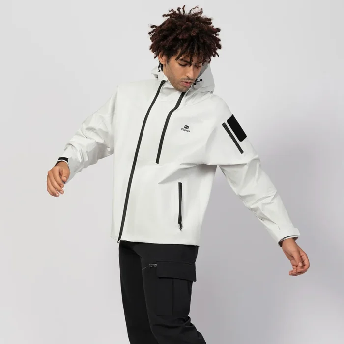 Stylish white hardshell jacket with waterproof shell, breathable design, and versatile outdoor performance. Ideal for travel, hiking, and urban wear.