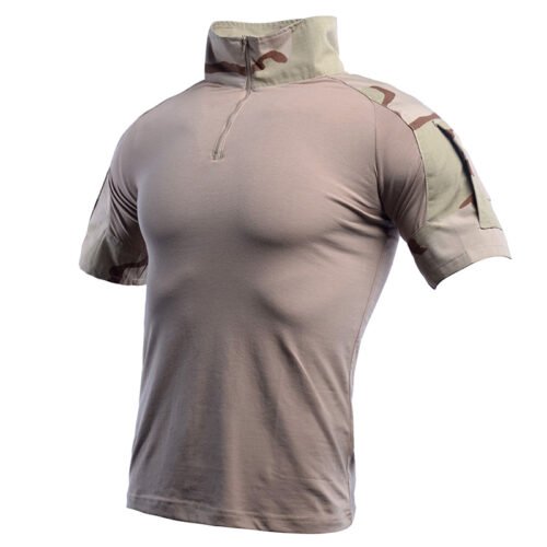 Classic desert 3-color camouflage tactical shirt with short sleeves, ideal for hot climates and outdoor missions.