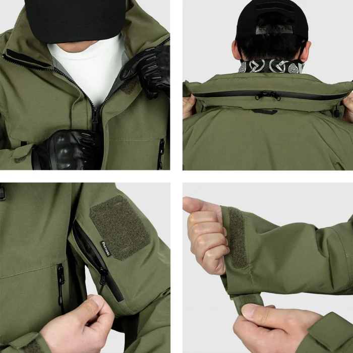 Close-up details of the waterproof jacket, highlighting durable zippers, adjustable hood, and cuff straps for reliable outdoor performance.