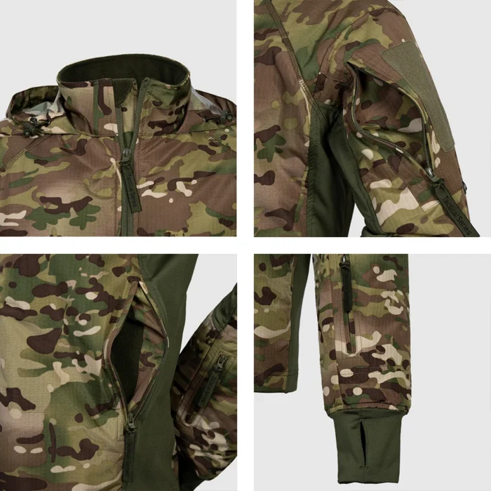 Close-up details of CP camouflage tactical winter jacket, showing durable zippers, functional pockets, and reinforced stitching for outdoor and military use.