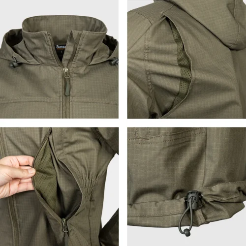 Close-up details of men’s softshell jacket in army green. Features waterproof zippers, mesh lining, and adjustable hem for outdoor and tactical performance.