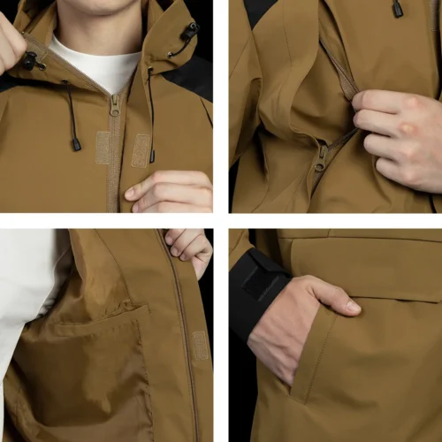 Close-up details of mens hardshell jacket, showing waterproof zipper, inner pocket, sleeve cuff, and adjustable hood design.