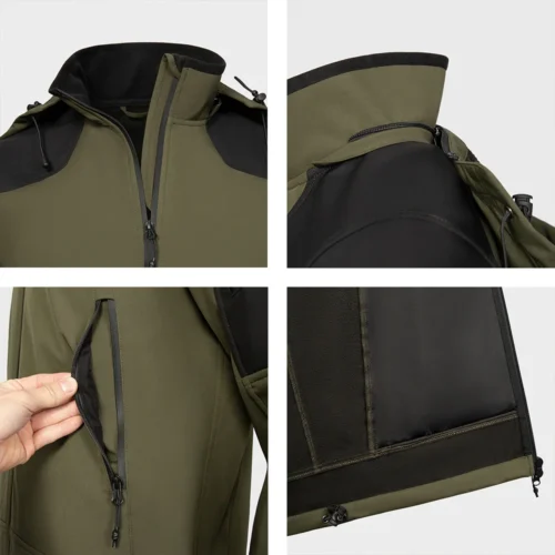 Detail view of men’s fall jacket softshell. Features multiple zip pockets, adjustable hood, and durable windproof fabric for autumn use.