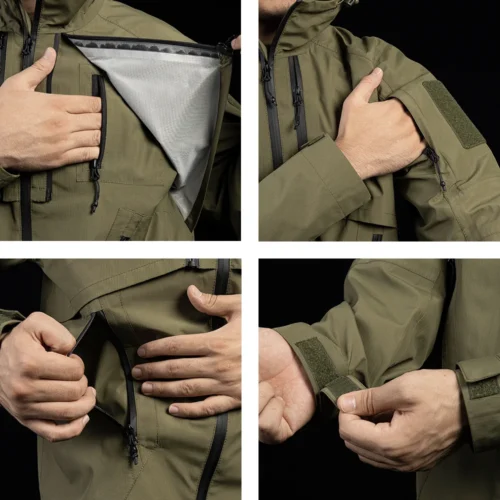 Close-up details of the jacket windbreaker. Features waterproof zippers, Velcro cuffs, and utility pockets for practical outdoor use.