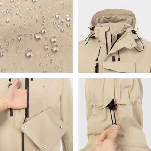 Close-up details of hardshell jacket showing waterproof fabric, sealed seams, multiple pockets, and adjustable drawstring for enhanced comfort and protection.