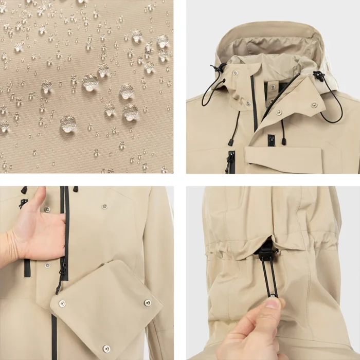 Close-up details of hardshell jacket showing waterproof fabric, sealed seams, multiple pockets, and adjustable drawstring for enhanced comfort and protection.