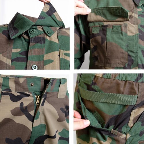 Close-up details of camo uniform showing collar, zipper, pocket design, and stitching quality