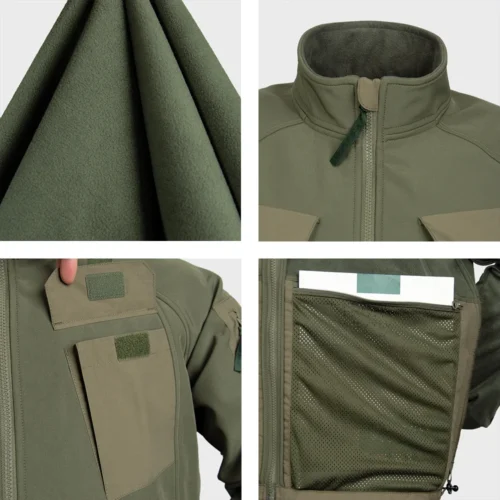 Close-up details of tactical softshell jacket with fleece lining, secure pockets, and adjustable features for all-weather performance.