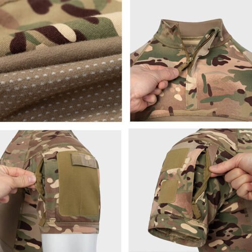 Close-up details of short sleeve combat shirt with breathable fabric, durable zipper, and functional arm pocket design. Ideal for tactical training and outdoor use.