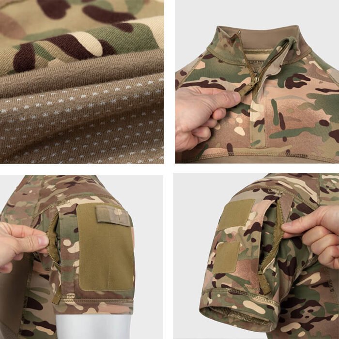 Close-up details of short sleeve combat shirt with breathable fabric, durable zipper, and functional arm pocket design. Ideal for tactical training and outdoor use.