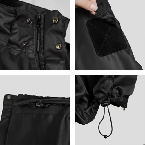Close-up details of men’s black tactical jacket. Showcasing zippers, velcro, and adjustable drawstring for practical outdoor and tactical performance.