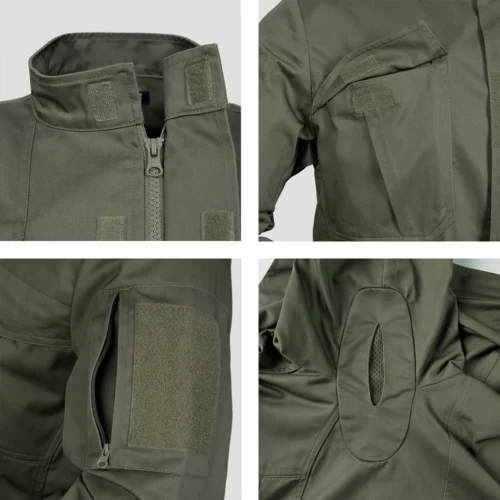 Close-up of tactical coat details, featuring reinforced stitching, sleeve pockets, and breathable design. Built for durability and outdoor performance.