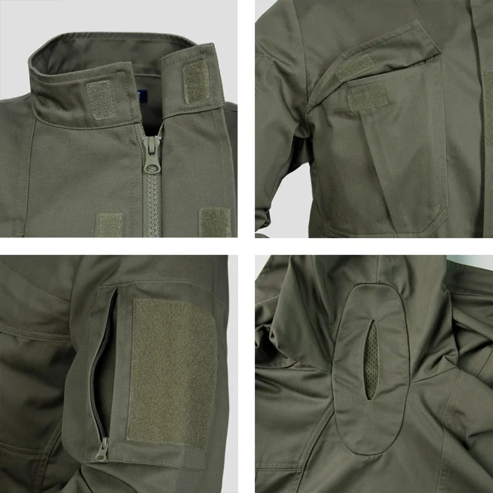 Close-up of tactical coat details, featuring reinforced stitching, sleeve pockets, and breathable design. Built for durability and outdoor performance.