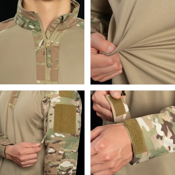 Close-up of A8 tactical suit details including high-quality zipper, Velcro cuffs, and breathable ripstop fabric. Built for durability and comfort in tactical use.