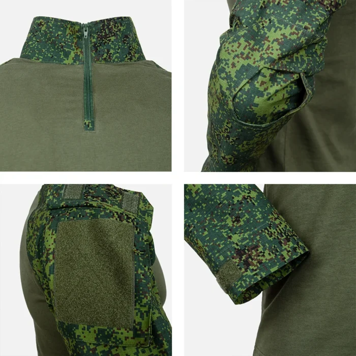 Close-up of tactical apparel showing strong zipper, Velcro closure, and sleeve pocket design, built for durability and outdoor tactical use.