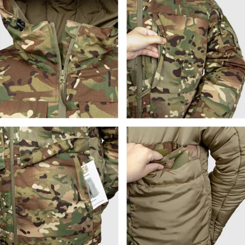Close-up details of military combat uniform. Features durable zippers, functional pockets, and insulated lining for maximum comfort in winter conditions.