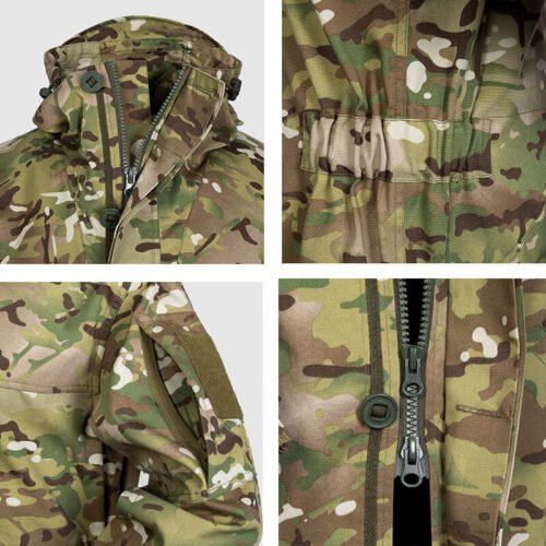 Close-up of Gorka Suit CP camo, showing zippers, stitching, and reinforced pocket design.