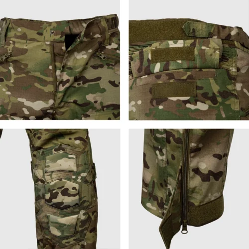 Close-up tactical suit details with durable zipper, velcro waist, and reinforced knee pads for comfort and field performance.