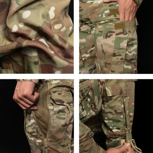 Tactical suit A8 detail images highlighting multiple functional pockets, reinforced seams, and adjustable cuffs for professional military performance.