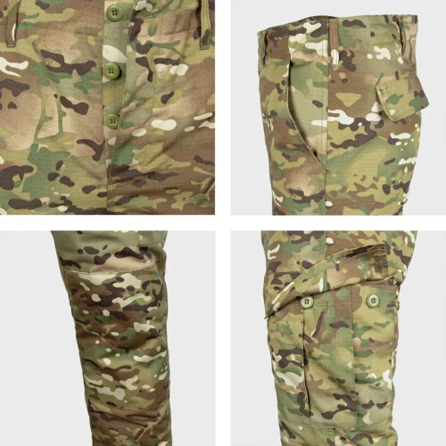 Tactical pants details from military combat uniform. Features secure button closure, multiple cargo pockets, and reinforced design for durability.