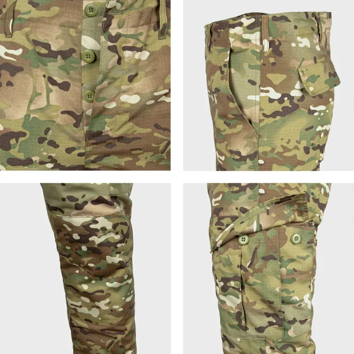 Tactical pants details from military combat uniform. Features secure button closure, multiple cargo pockets, and reinforced design for durability.