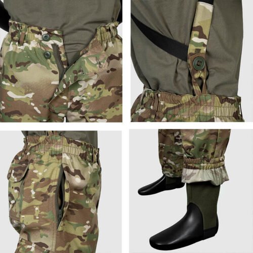 Close-up of Gorka winter suit trousers, showing reinforced stitching, secure zippers, elastic cuffs, and adjustable suspenders for outdoor comfort.