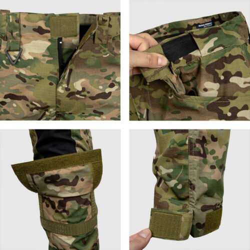 Close-up of tactical combat pants featuring adjustable waist, Velcro knee pads, and reinforced stitching for durability and comfort.