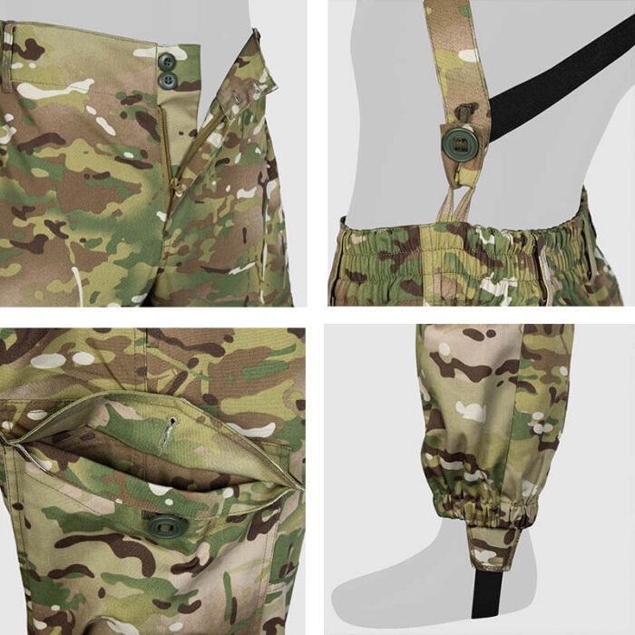 Close-up of Gorka Suit CP camo, showing zippers, stitching, and reinforced pocket design.