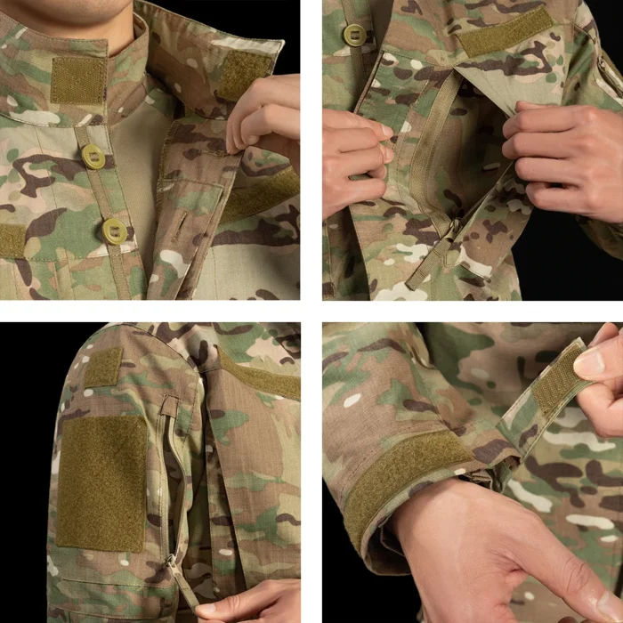 Tactical suit A8 detail images highlighting multiple functional pockets, reinforced seams, and adjustable cuffs for professional military performance.