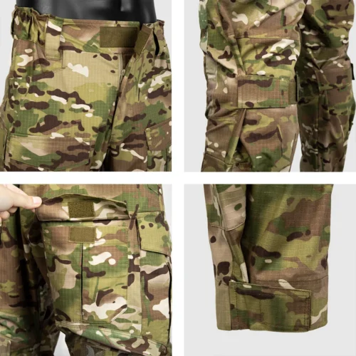 Close-up of camo uniform tactical pants, showing reinforced stitching, Velcro pocket closures, and ripstop fabric for outdoor and military use.