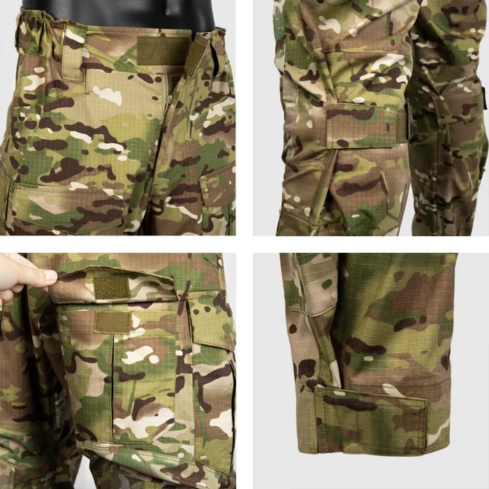 Close-up of camo uniform tactical pants, showing reinforced stitching, Velcro pocket closures, and ripstop fabric for outdoor and military use.