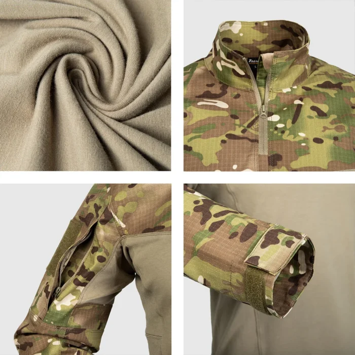 Tactical camo uniform combat shirt detail, highlighting breathable cotton blend fabric, Velcro arm pocket, and reinforced stitching.