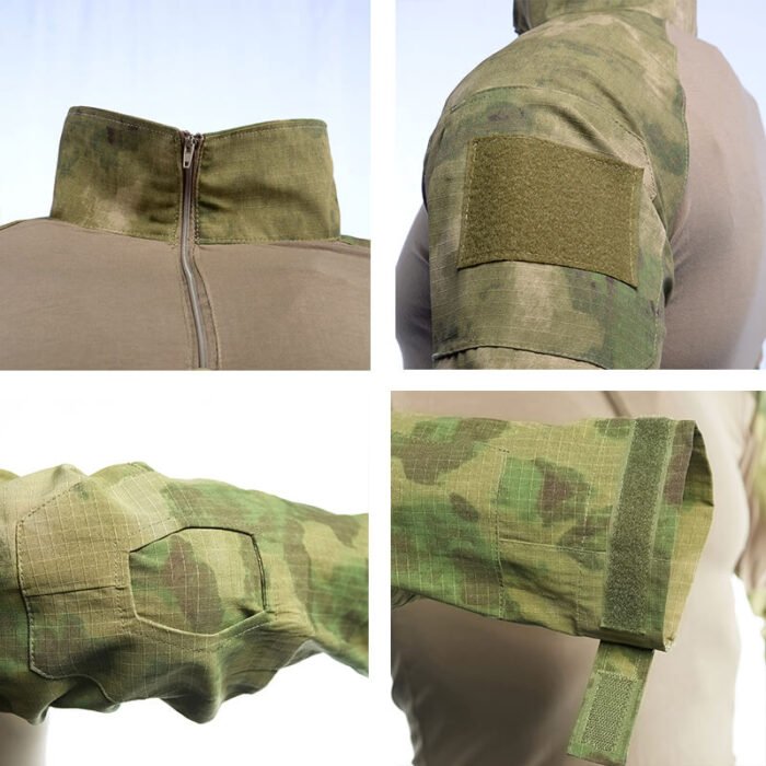 Close-up details of tactical combat shirt: reinforced sleeves, velcro patches, zipper collar, and breathable ripstop fabric for durability in outdoor use.