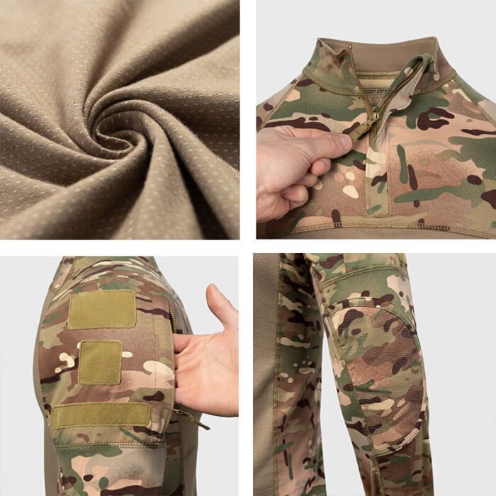 Close-up details of tactical long sleeve shirt featuring breathable knit fabric, durable zipper, Velcro arm pockets, and reinforced elbow patches. Designed for comfort and durability in combat and outdoor training.