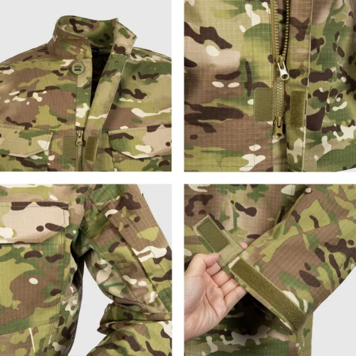 Close-up of camo uniform jacket with durable zipper, adjustable cuffs, and reinforced fabric for reliable performance in the field.