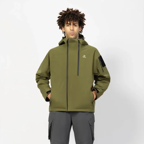 Army green hardshell jacket with adjustable hood, windproof fabric, and tactical style. Great for hiking, trekking, and everyday outdoor wear.