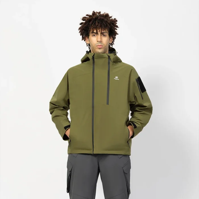 Army green hardshell jacket with adjustable hood, windproof fabric, and tactical style. Great for hiking, trekking, and everyday outdoor wear.
