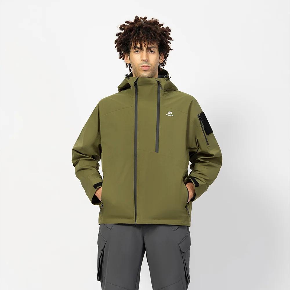 Army green hardshell jacket with adjustable hood, windproof fabric, and tactical style. Great for hiking, trekking, and everyday outdoor wear.