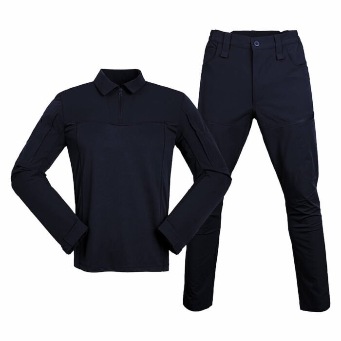 Two-piece navy blue casual tactical clothing set with long sleeve shirt and matching pants, designed for comfort and mobility.