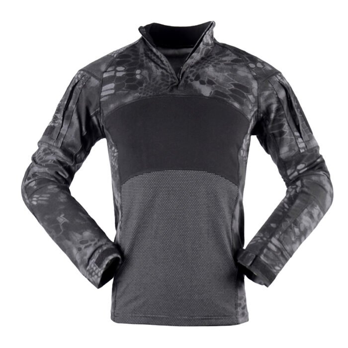 Military-style tactical long sleeve shirt in black python camouflage. Features ripstop sleeves, breathable body fabric, and ergonomic fit for maximum mobility.