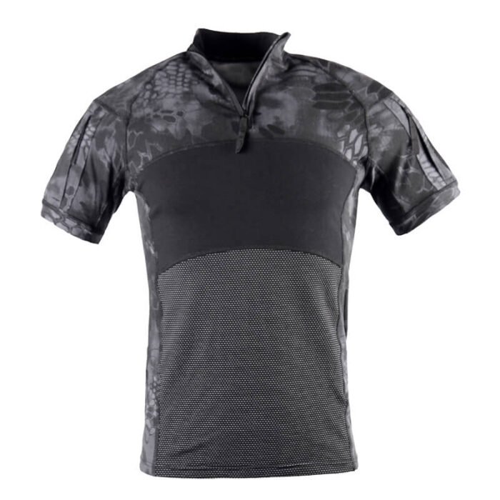 Stylish short sleeve combat shirt with police black python camouflage, offering comfort and durability for tactical training, hunting, and field use.