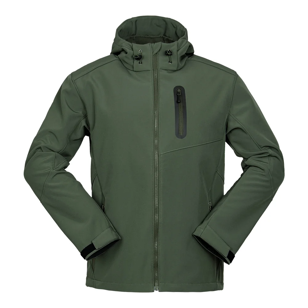 Army green lightweight hooded jacket with water-repellent fabric. Breathable, warm, and durable for hiking, trekking, and casual wear.