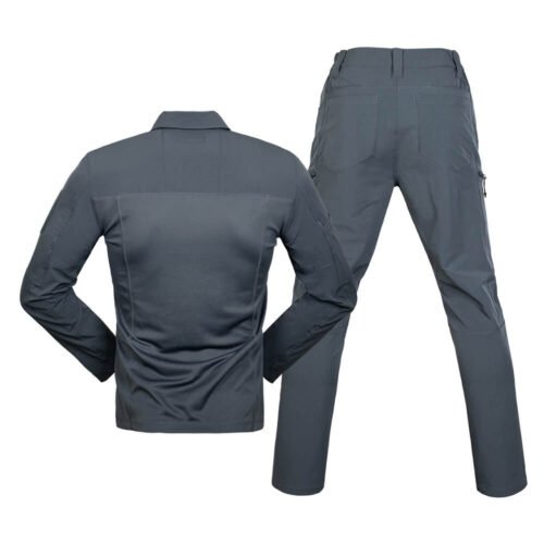 Back view of charcoal gray casual tactical clothing uniform, highlighting reinforced stitching and ergonomic design for daily wear.
