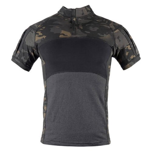 Tactical short sleeve combat shirt in black CP camouflage with breathable mesh fabric, perfect for airsoft, outdoor training, and military use.