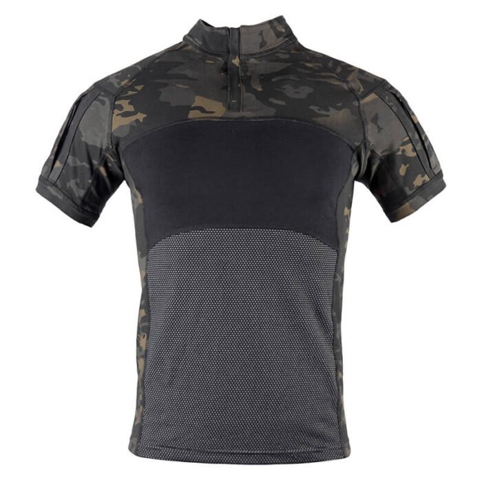 Tactical short sleeve combat shirt in black CP camouflage with breathable mesh fabric, perfect for airsoft, outdoor training, and military use.