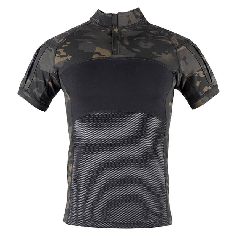 Tactical short sleeve combat shirt in black CP camouflage with breathable mesh fabric, perfect for airsoft, outdoor training, and military use.
