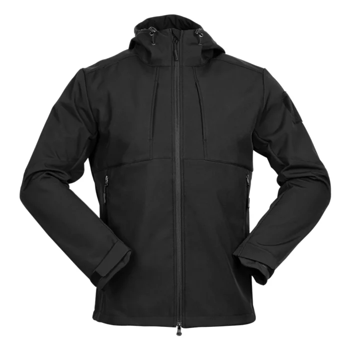 Black tactical lightweight jacket with hood, water-resistant and windproof softshell design. Perfect for outdoor survival, training, and everyday wear.