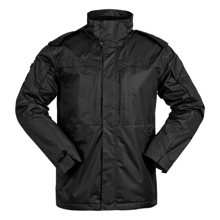 Classic black tactical jacket for men. Windproof and waterproof design with adjustable cuffs, perfect for outdoor, security, and tactical activities.