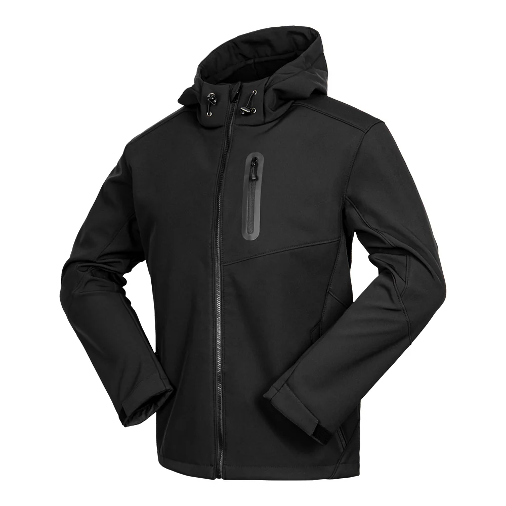 Classic black lightweight hooded jacket. Sleek design with windproof fabric and soft fleece lining, suitable for adventure or daily use.