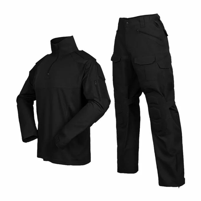 Black tactical suit featuring reinforced elbow/knee pads, adjustable waist, and multiple pockets for field operations.
